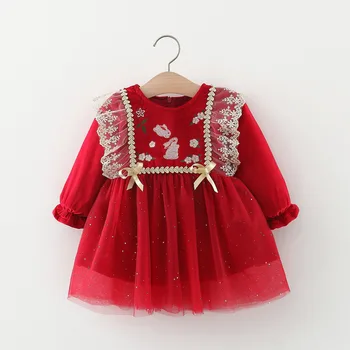 באביב ובסתיו החדש מעובה ארנב קטן ילדה שמלה אדומה ילדה שמחה שרוול ארוך בגדי ילדים
