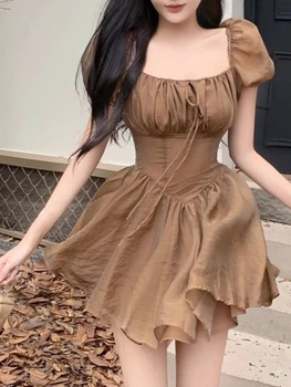 בציר מוצק שמלה סקסית נשים אלגנטי מתוק Y2k שמלת מיני מזדמן מסיבת 2023 קיץ, שרוול קצר חתיכה אחת שמלת אופנה קוריאנית