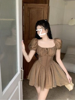 בציר מוצק שמלה סקסית נשים אלגנטי מתוק Y2k שמלת מיני מזדמן מסיבת 2023 קיץ, שרוול קצר חתיכה אחת שמלת אופנה קוריאנית