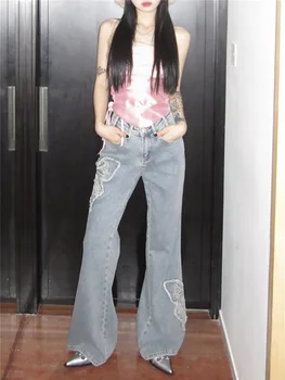 בציר פרפר רקמה, טלאים נשים ג ' ינס גבוהה המותניים רופף רחב הרגל Y2k מכנסיים פיה, אופנת רחוב, אופנה מכנסיים