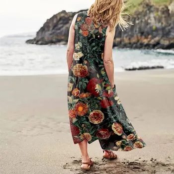 בציר שמלות ארוכות לנשים הקיץ 2023 מזדמן מודפס נוח ללא שרוולים שמלת כותנה עם כיס vestidos פארא mujer
