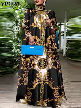 בתוספת גודל וונדה שמלת מסיבת 2023 נשים בוהמי מודפס לעמוד צווארון ללא שרוולים מקסי שמלה מזדמן עטלף שרוול ארוך החלוק