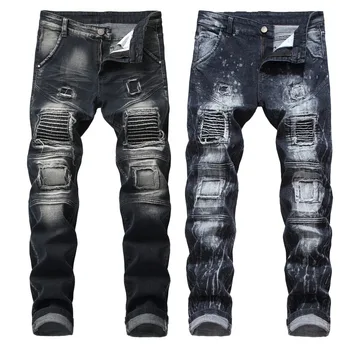 גברים אלסטי ג 'ינס שחור אופנוע תפרים מכנסי ג' ינס גברים אופנת רחוב, אופנה באורך מלא מכנסיים גודל גדול קרע ג ' ינס