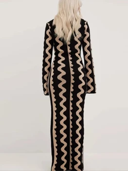 גל ארוך פס שמלת סוודר 2023 סתיו חורף צוואר עגול שמלת Bodycon הזיקוק שרוולים אלגנטיים אופנת רחוב מזדמן שמלות מקסי