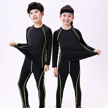 החורף שכבת ארוך שרוול חולצה תחתונים תרמיים חמים O-צוואר להגדיר ילדים ספורט כושר הגטקעס ירוק דק