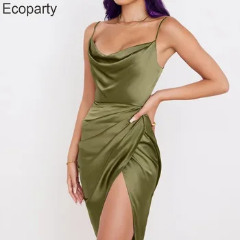 הקיץ חדש אופנה להחליק שמלה סקסית מוצק ללא שרוולים סאטן קפלים מחשוף גב Suspender לא סדיר שמלת מסיבה אלגנטית בשמלת ערב