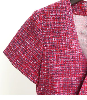 חדש 2023 נשים משבצות טוויד שמלת האביב קיץ קצר השרוול V-צוואר עיצוב קו החצאית