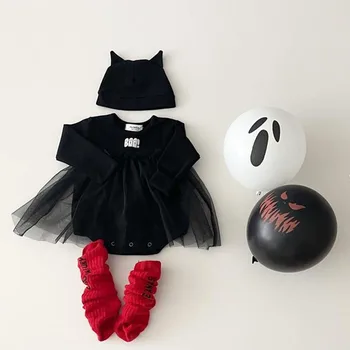 חדש Hallowen בגדי תינוקות השטן הקטן בנות תינוק בגד גוף תחרה לבנים חתיכה אחת עם כובע