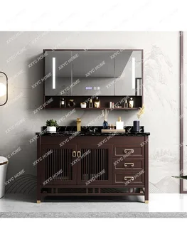חדש בסגנון סיני אבן צלחת ארון אמבטיה בשילוב עץ מלא אלון הכיור כיור כיור ארון שילוב