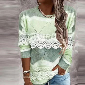 חדש תחרה טלאים סוודר אופנה סביב צוואר השרוול הארוך של נשים סוודרים 2023 סתיו חורף חוזה צבע Pullovers המגשרים