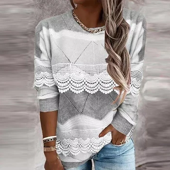חדש תחרה טלאים סוודר אופנה סביב צוואר השרוול הארוך של נשים סוודרים 2023 סתיו חורף חוזה צבע Pullovers המגשרים