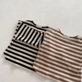 חולצות O-צוואר צווארון שרוול מלא רגיל אורך פסים אופנה מודרניות רך, נוח מקרית פשוטה האביב ילדים יוניסקס