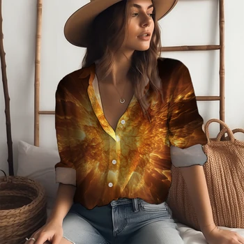 חופשי מזדמן חולצה עם שרוולים ארוכים אופנה 3D מודפסים חולצה מקסימום יומי המשרד החולצה של נשים קלאסי פשוט כפתורי החולצה.