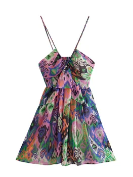 חופשת הקיץ שמלת החוף נשים לפרוע את המותניים חוט מתכתי בציר הדפסת שיפון שמלת צוואר V ספגטי רצועת שמלות מיני