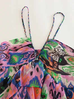 חופשת הקיץ שמלת החוף נשים לפרוע את המותניים חוט מתכתי בציר הדפסת שיפון שמלת צוואר V ספגטי רצועת שמלות מיני