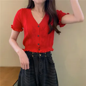 חלול החוצה חולצות נשים לסרוג מתוק יבול מקסימום כפתור-עד הבציר V-צוואר אופנה קוריאנית בני נוער Harajuku 8-צבעים Y2k קיץ מזדמן