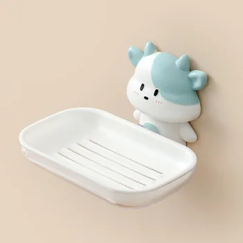 חמוד Multi-צבע קריקטורה פרה פרה קיר רכוב תיבת סבון בכיור האמבטיה התקנה חינם מתאים קיר סבון תיבת ריהוט הבית המדף
