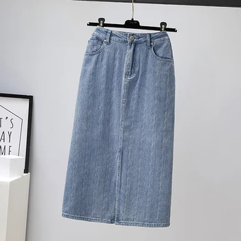חצאית ג 'ינס נשים גבוהה המותניים רב קו חצאיות משרד ליידי רטרו בתוספת גודל אופנת רחוב ג' ינס כחול עיפרון חצאית לנשים