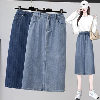 חצאית ג 'ינס נשים גבוהה המותניים רב קו חצאיות משרד ליידי רטרו בתוספת גודל אופנת רחוב ג' ינס כחול עיפרון חצאית לנשים