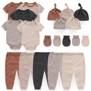יוניסקס תינוק שרק נולד ילד בגדים סטים כותנה Bodysuits+מכנסיים+כפפות+כובעים התינוקת בגדים 0-12M מוצק צבע קריקטורה הדפסה Bebes