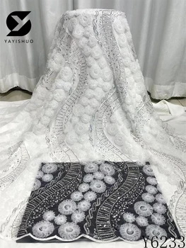 יוקרה אפריקאי לבן פייטים חרוזים תחרה בד 2023 באיכות גבוהה הניגרי בעבודת יד פרל בד כלה שמלת החתונה Y6233