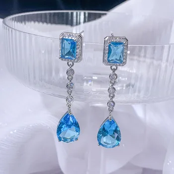 יוקרה טאסל הכחול קריסטל קריסטל עגילים לנשים המפלגה הפופולרית תכשיטים מזג תכשיטים של נשים החתונה 925 תכשיטי