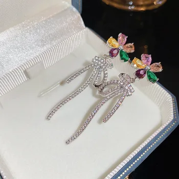 יוקרה מתוק צבעוני פרח זירקון קשת ציצית זרוק עגילים לנשים אופנתי מזג מסיבת חתונה תכשיטים