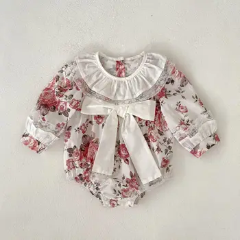 ילוד בגדי תינוקות בנות בגד 2023 פרח הסתיו הדפסה בנות חתיכה אחת בגדי תינוק שרוול ארוך קשתות הנסיכה סרבל