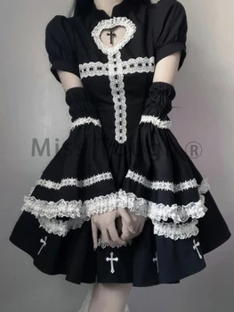 יפנית לוליטה שחור שמלת מיני נשים Kawaii צד חלול החוצה שמלת נסיכה נשית צרפתית וינטג ' טלאים את השמלה אלגנטית 2023