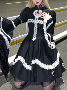 יפנית לוליטה שחור שמלת מיני נשים Kawaii צד חלול החוצה שמלת נסיכה נשית צרפתית וינטג ' טלאים את השמלה אלגנטית 2023