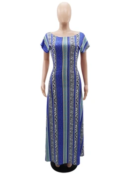 כחול עם פסים מודפס שמלות לנשים כתף קרה האימפריה חבילת היפ Fishtail קיץ אלגנטי שטחי נופש Vestidos