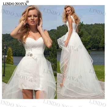 לינדו NOIVA Vestido 2023 נסיכה פשוט תחרה שמלות חתונה עם רכבת להסרה מתוקה שרוולים קצרים חוף חצאית בוהו.