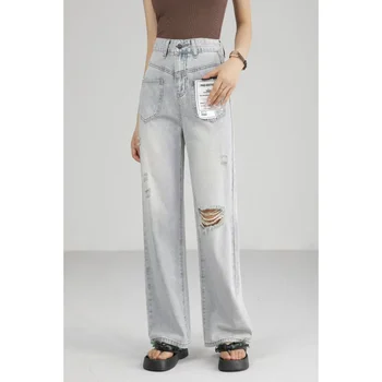 לנשים ג ' ינס עיצוב אופנתי גבוהה המותניים רחוב אמריקאי רחב הרגל מכנסיים אופנה אופנת רחוב בציר ישר Y2K בקיץ מכנסיים