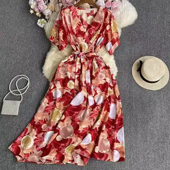 מודפס שרוול קצר שמלת 2023 קיץ אופנה קוריאנית אלגנטי דק Sashes חוף ארוך שמלות נקבה Vestidos Z2632