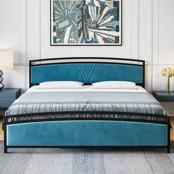 מודרני פלטפורמה מיטה מרופדים קטיפה מסגרת מיטה עם גדיל עם קשת בעיצוב ראש המיטה מדרך לכיוון מתכת מוטות תמיכה