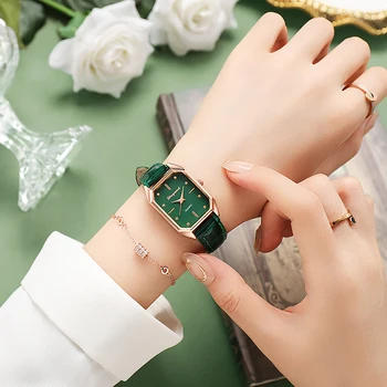 מותג נשים שעונים האופנה גבירותיי קוורץ שעונים צמיד ירוק חיוג פשוט עלה זהב חיוג רשת יוקרה שעונים נשים
