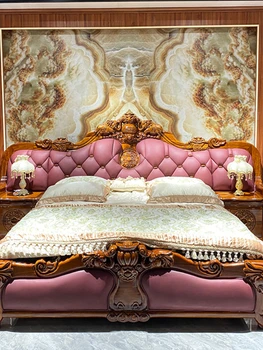 *מיובא Ugyen עץ פילים מגולפים מעץ מלא מיטה בסגנון אירופאי וילה חדר השינה הראשי מיטה זוגית מעור.