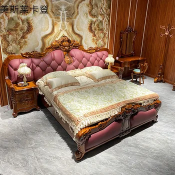 *מיובא Ugyen עץ פילים מגולפים מעץ מלא מיטה בסגנון אירופאי וילה חדר השינה הראשי מיטה זוגית מעור.