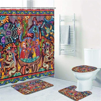 מקסיקני הויצ ' ול ההודי חוט ציור אמנות תוססת אסתטיקה Wixarika שבט הכהן צבי וילון מקלחת שטיח הרצפה ארבעה חלקים סט