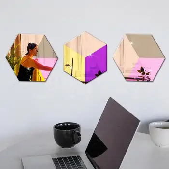 מראת אקריליק גיליון דבק צבעוני משושה גיליונות אקריליק מראה קריקטורה חיסכון בחלל עיצוב קיר עיצוב שולחן איפור