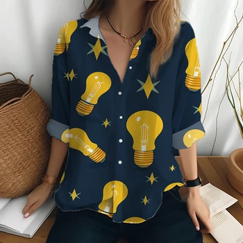נשים אביב סתיו קלאסי כפתורי החולצה רופף אופנה מזדמן ברחוב חולצת שרוול ארוך הנורה 3D מודפסים חולצה חולצות