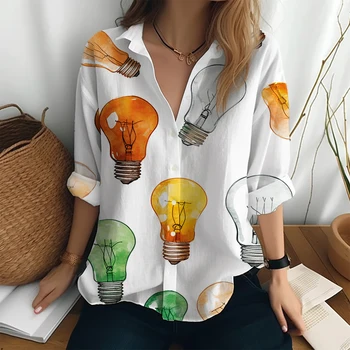 נשים אביב סתיו קלאסי כפתורי החולצה רופף אופנה מזדמן ברחוב חולצת שרוול ארוך הנורה 3D מודפסים חולצה חולצות