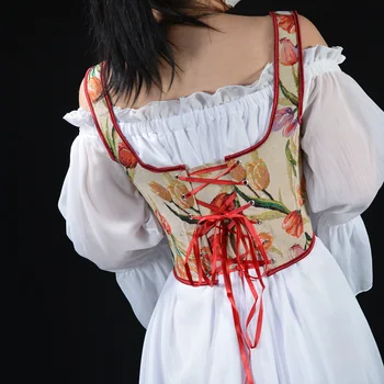 נשים אלגנטי מעצב צרפתי משובח צמר צבוע אקארד צבעונים שיק התחבושת פרחוני Corselet חולצות מחוך העליון