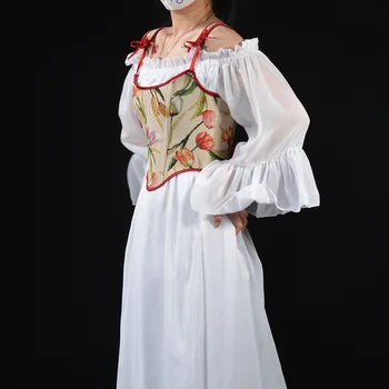 נשים אלגנטי מעצב צרפתי משובח צמר צבוע אקארד צבעונים שיק התחבושת פרחוני Corselet חולצות מחוך העליון