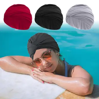 נשים אלסטי שחייה, כובעי להגן על אוזניים ארוך שיער כובע שחייה אביזרים מוצק כובע הכובעים צלילה עמיד למים עם קפלים A0G4