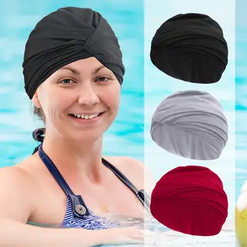 נשים אלסטי שחייה, כובעי להגן על אוזניים ארוך שיער כובע שחייה אביזרים מוצק כובע הכובעים צלילה עמיד למים עם קפלים A0G4