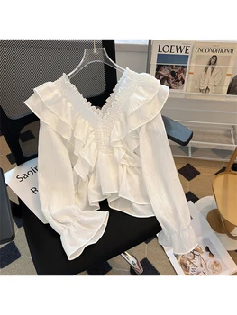 נשים חולצה לבנה וחולצה Y2k בציר קוריאני בסגנון Harajuku Kawaii אלגנטי שרוול ארוך ורוד V-צוואר החולצה העליון 2023 בגדים