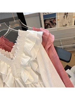 נשים חולצה לבנה וחולצה Y2k בציר קוריאני בסגנון Harajuku Kawaii אלגנטי שרוול ארוך ורוד V-צוואר החולצה העליון 2023 בגדים
