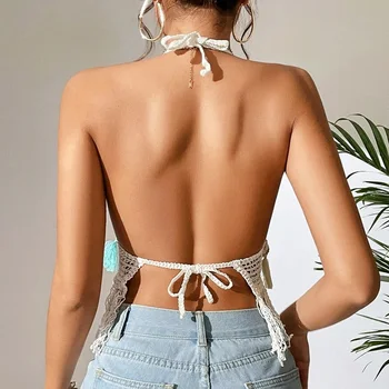 נשים קיץ גופיה תלוי בצוואר קצר בסגנון סרוגים חגורת חזה עם ריפוד עליון פתוח בגב חלול חזייה רקום ציצית העליון