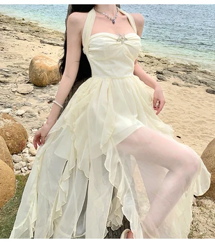 נשים קיץ ללא שרוולים הלטר הצוואר מותניים צרים סטרפלס סימטרית קפלים שמלת החוף SMLLANGUAGE